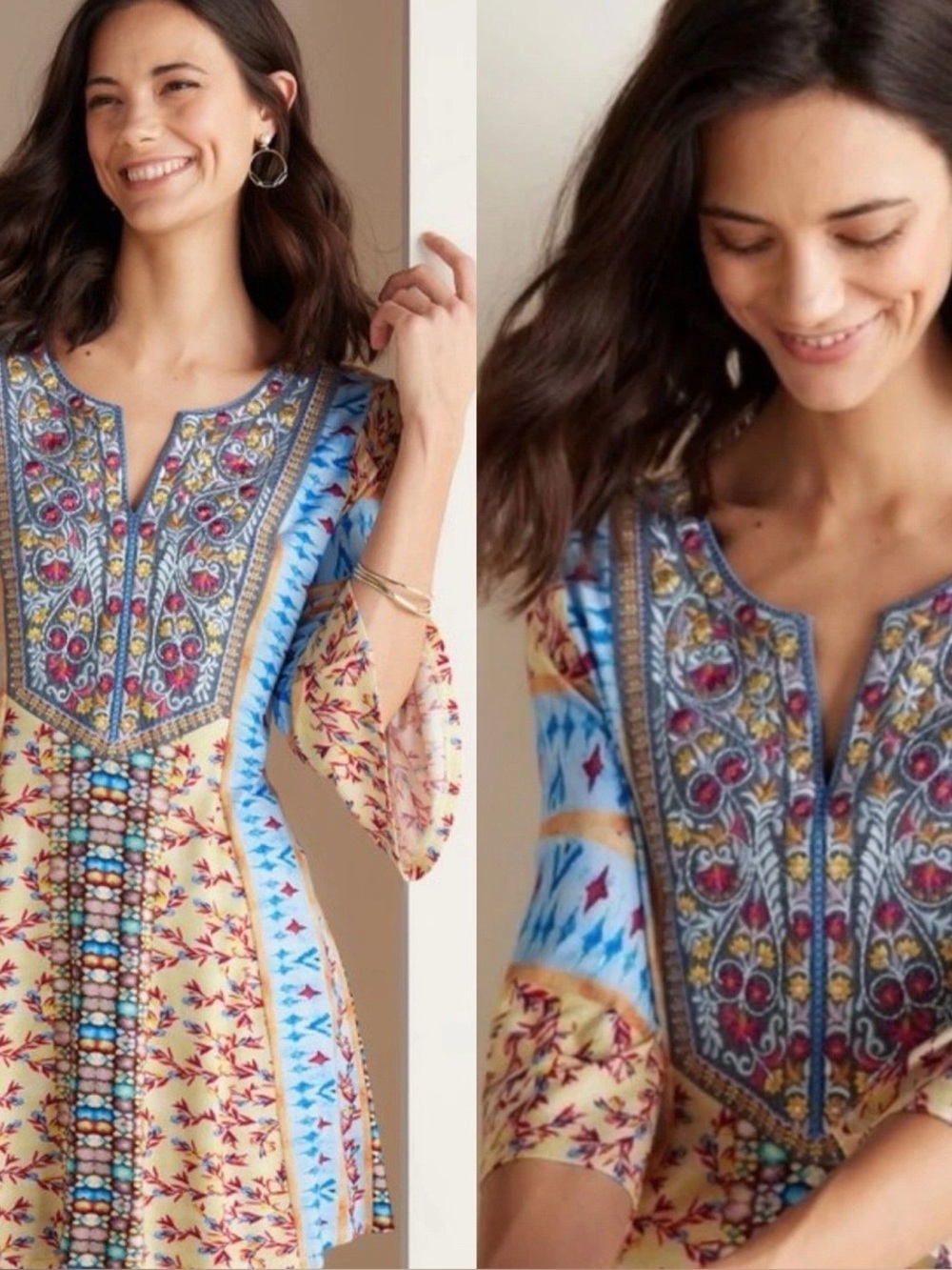 Soft Surroundings Fifi Embroidered Tunic Blouse Petite Med Bell Sleeve Stretch